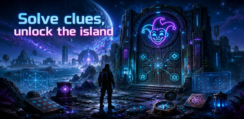Fog Orbit: Escape — atmospheric island scene under neon stars